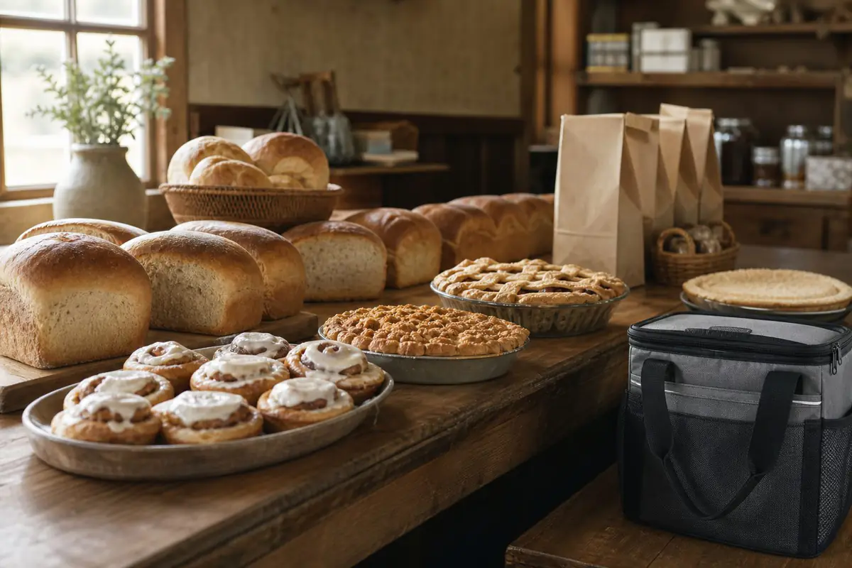 Country bakery counter with fresh bread pies and pastries for an Amish bakery trip