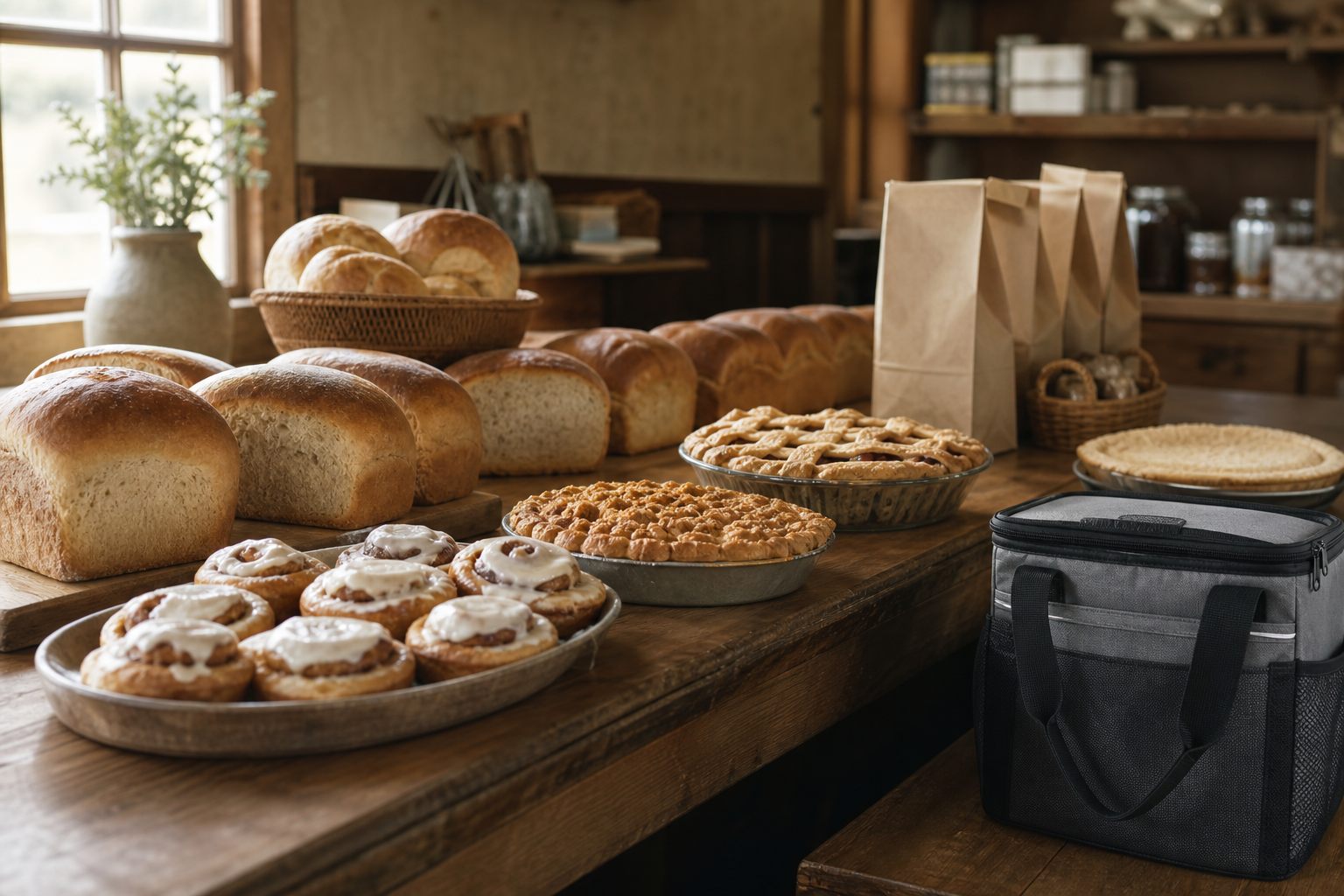 Country bakery counter with fresh bread pies and pastries for an Amish bakery trip