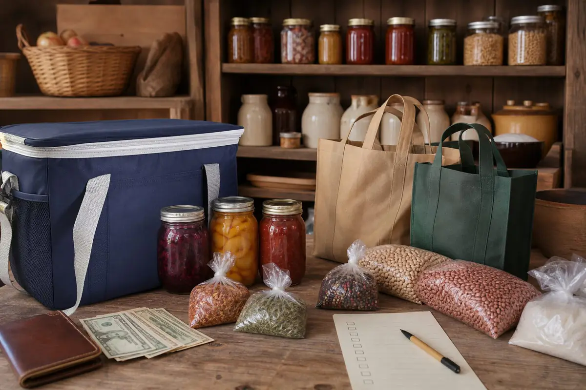 Reusable bags cash cooler preserves and pantry goods for an Amish country store trip