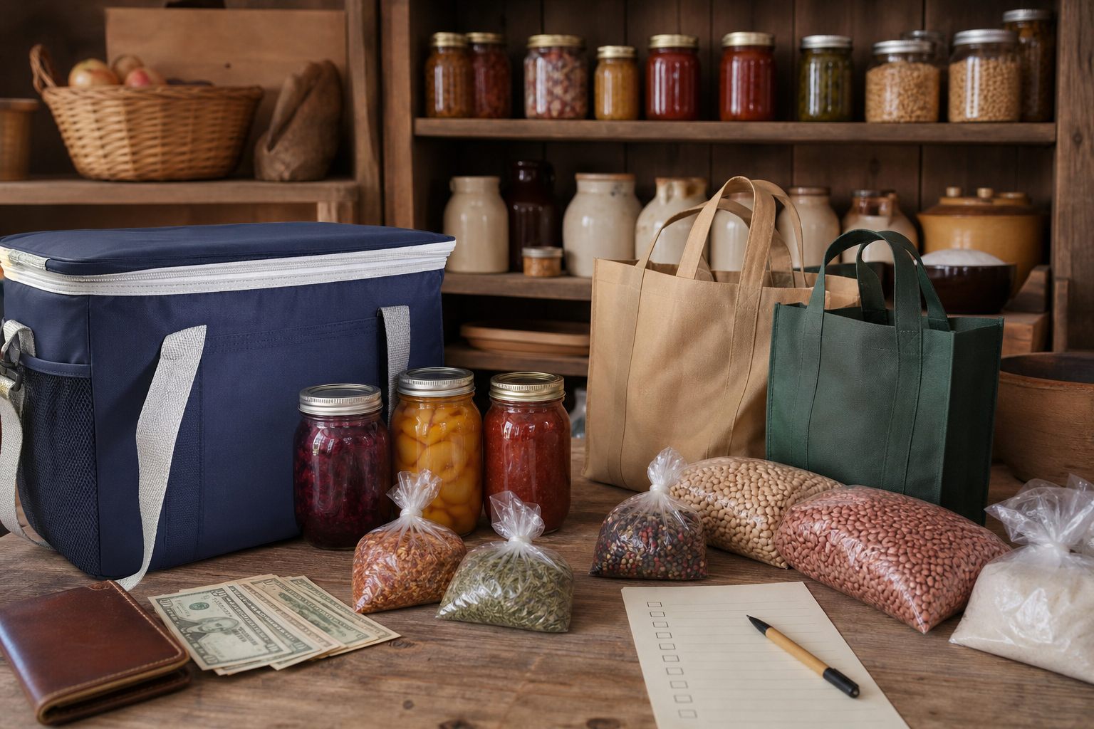 Reusable bags cash cooler preserves and pantry goods for an Amish country store trip