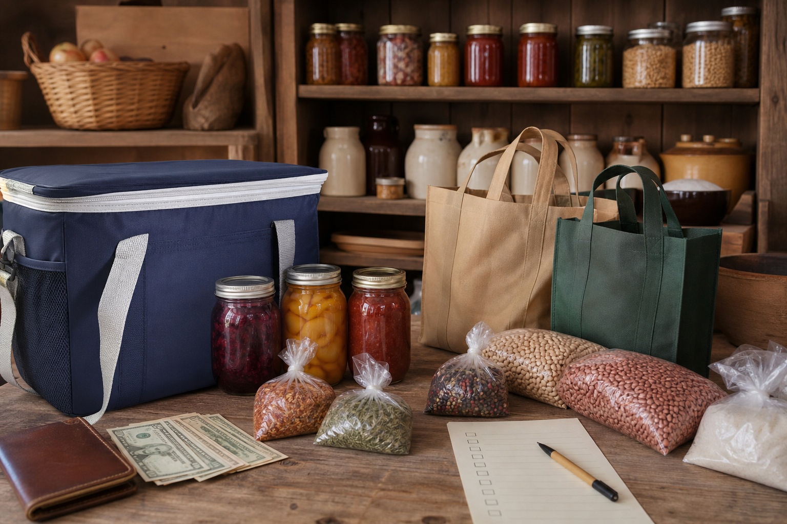 Reusable bags cash cooler preserves and pantry goods for an Amish country store trip