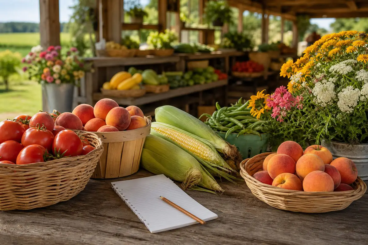 Summer farm market produce and a shopping list for planning Amish market visits