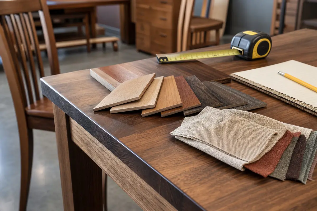 Wood samples tape measure and notebook for planning an Amish furniture store visit