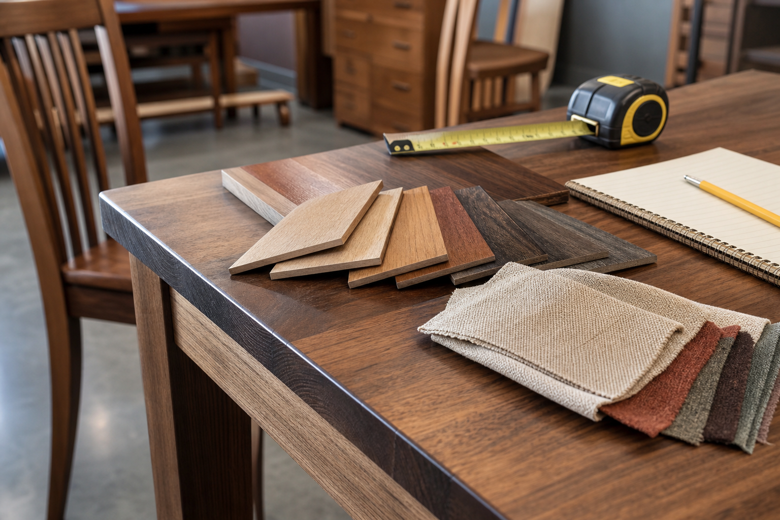 Wood samples tape measure and notebook for planning an Amish furniture store visit