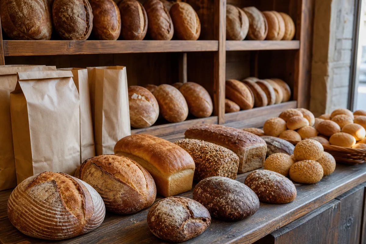 Fresh loaves and rolls arranged on simple bakery shelves, showing different shapes and package sizes for shoppers to compare