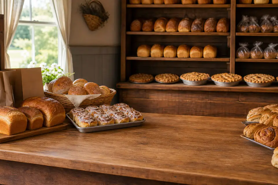 Morning bakery counter with fresh bread, rolls, pies, cinnamon rolls, and paper bags