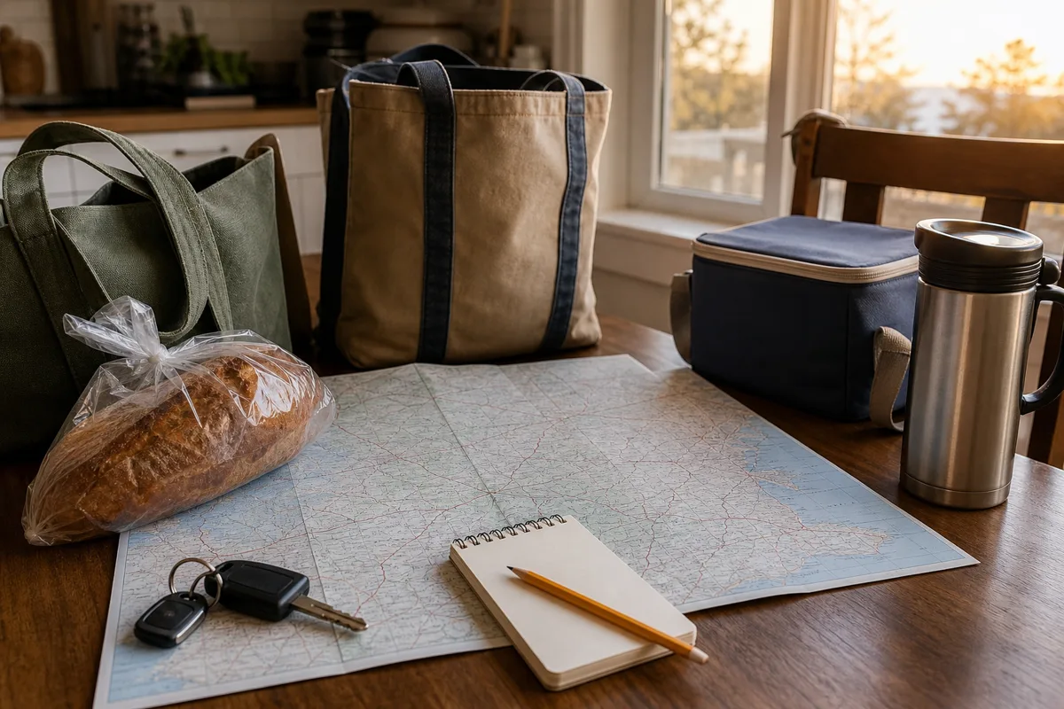 Traveler reviewing a simple morning bakery route beside reusable bags, a cooler, and a written list of confirmed stops