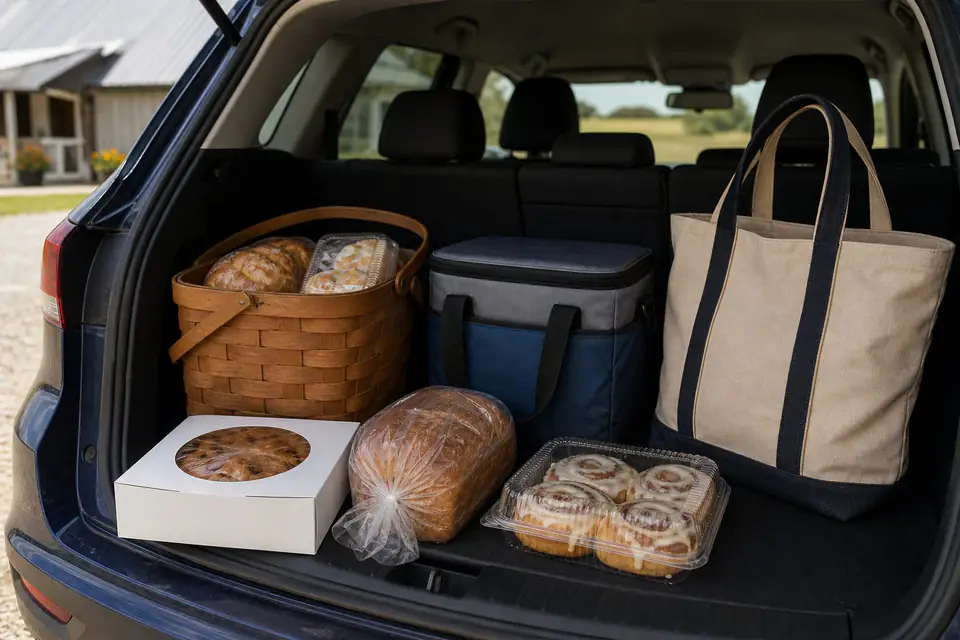 Bakery road trip packing setup with a flat pie box, wrapped bread, cinnamon rolls, basket, cooler bag, and reusable tote