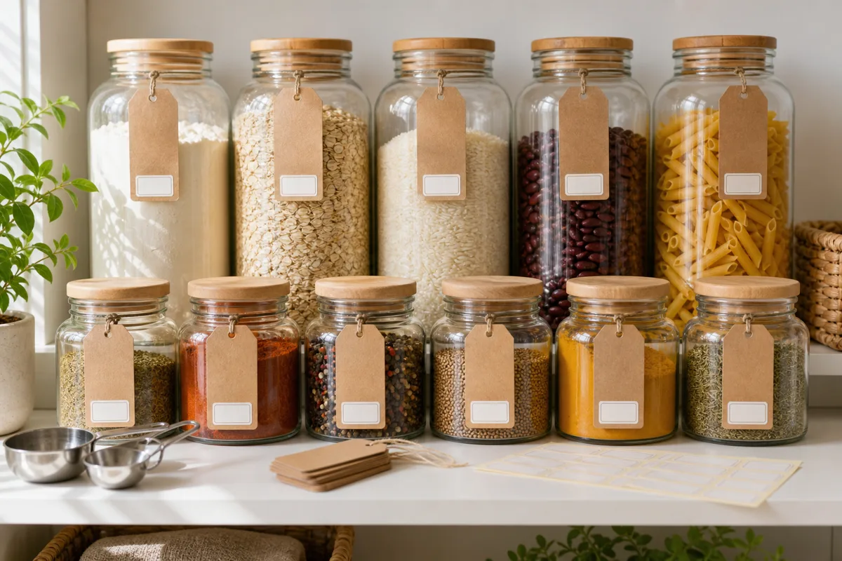 Clear food-safe jars labeled with product names and opening dates on a clean pantry shelf