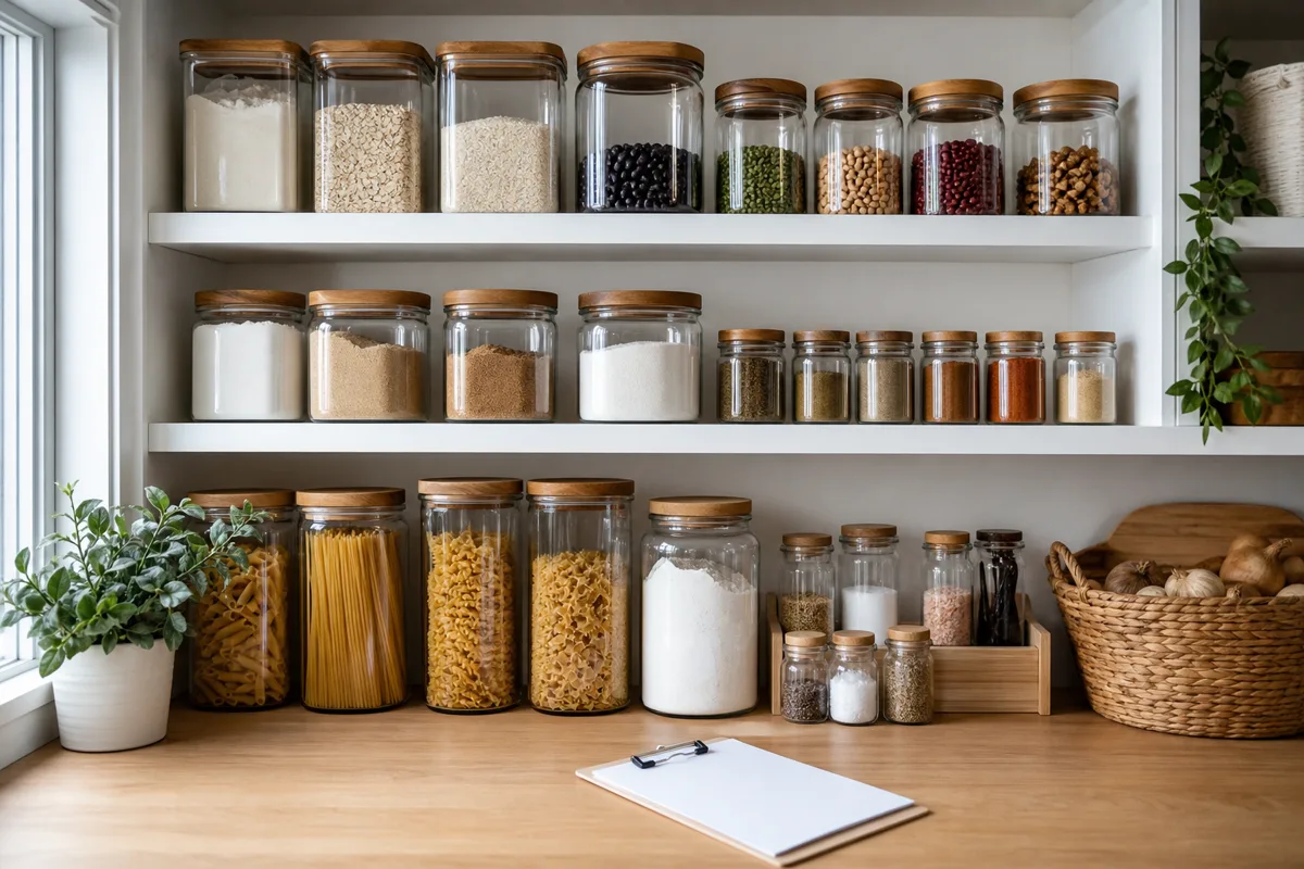 Open pantry shelves with labeled containers of flour, oats, rice, beans, pasta, and baking ingredients arranged for an inventory check