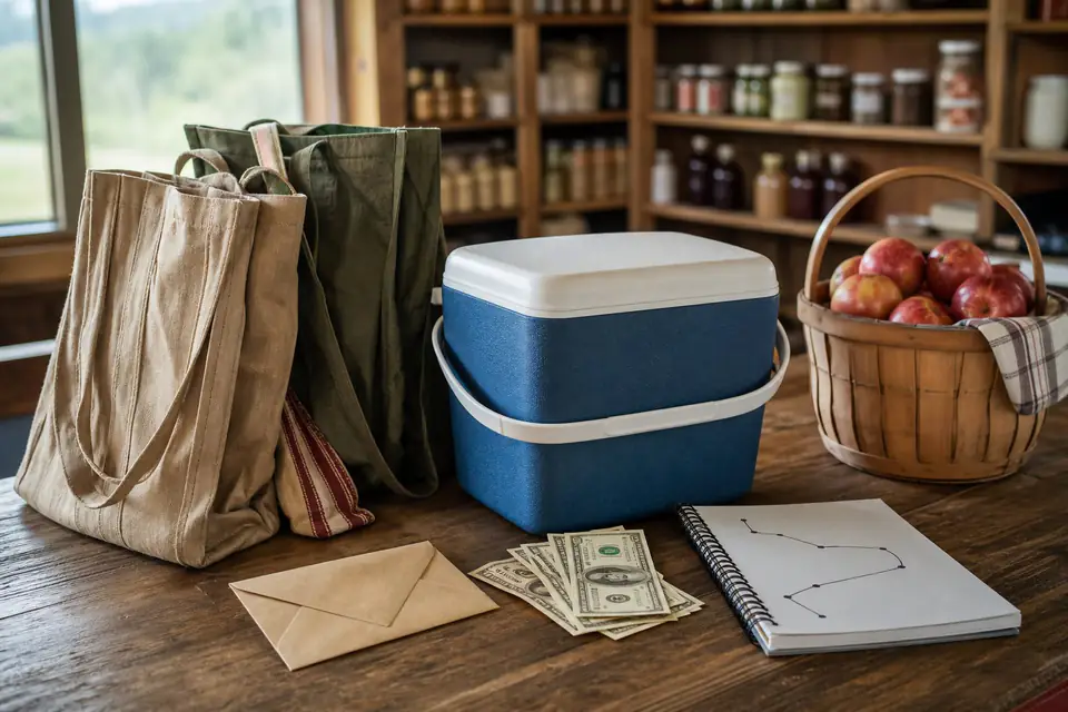 Country store trip payment kit with small cash bills, a plain envelope, reusable shopping bags, cooler, and route list
