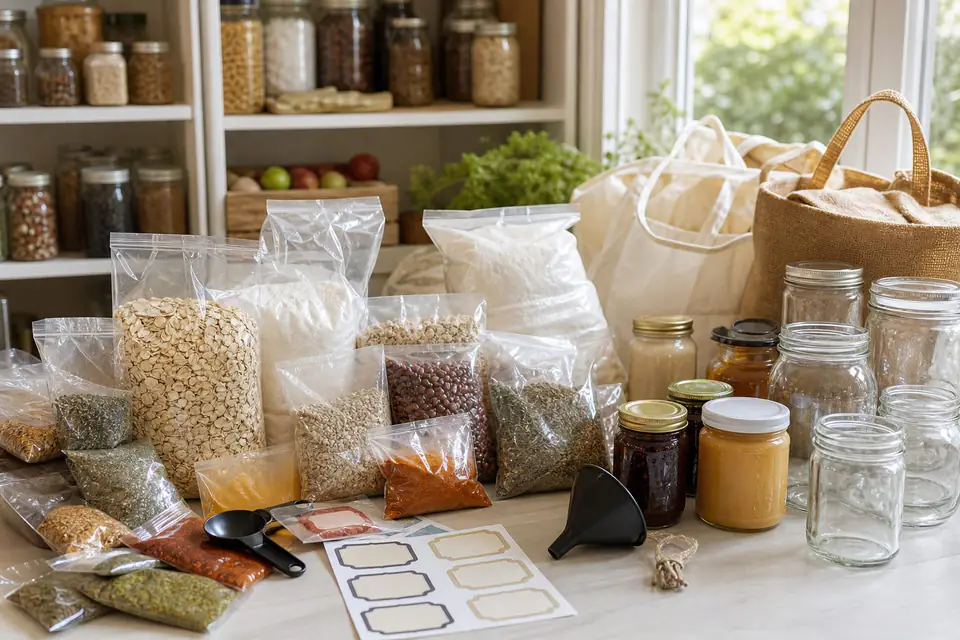 Pantry unpacking setup with bulk spice bags, oats, flour, preserves, honey, glass jars, labels, and reusable bags