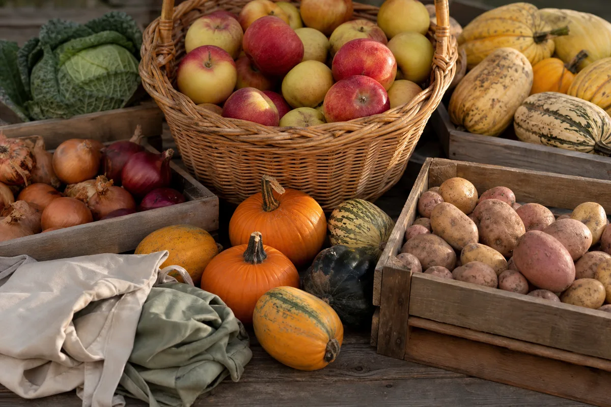 Fall market basket filled with apples, pumpkins, winter squash, cabbage, onions, and potatoes