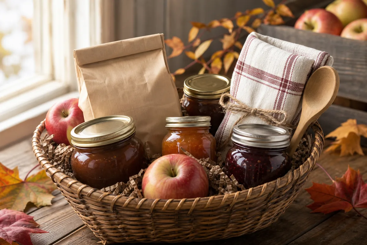 Glass jars of apple butter and fruit preserves packed with a tea towel, pancake mix, and wooden spoon in a fall gift basket