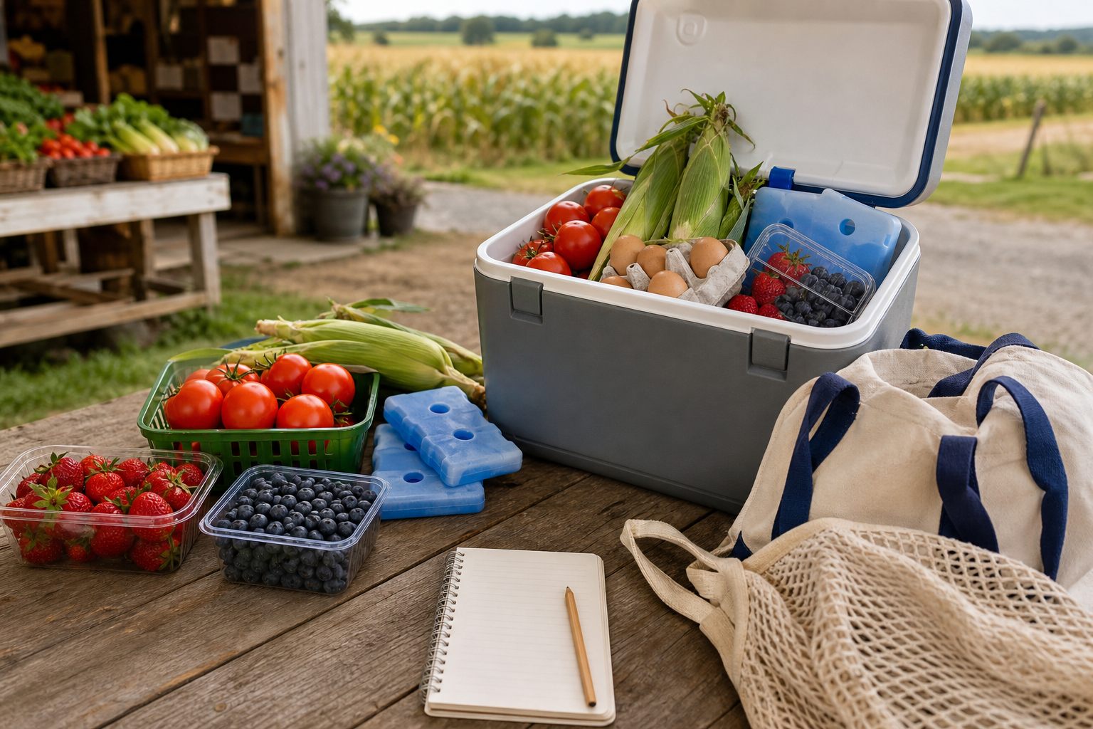 Cooler packing setup with tomatoes, sweet corn, berries, eggs, ice packs, reusable bags, and a shopping list