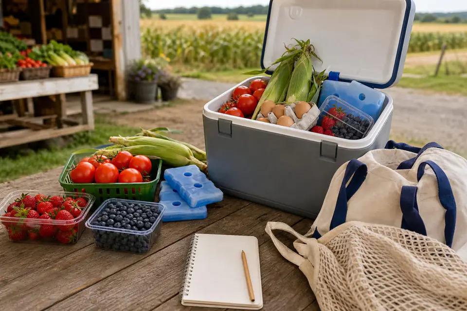 Cooler packing setup with tomatoes, sweet corn, berries, eggs, ice packs, reusable bags, and a shopping list