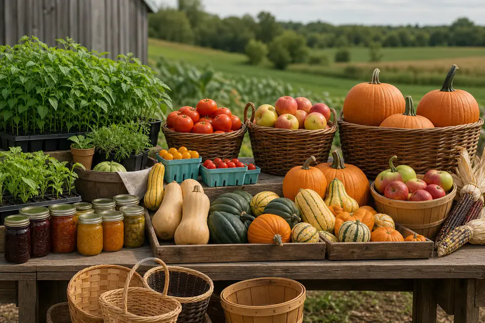 Seasonal farm market display with seedlings, summer produce, fall squash, apples, preserves, and baskets