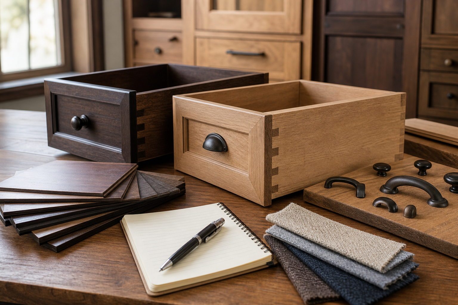 Hardwood furniture comparison setup with drawer joinery, finish samples, hardware, fabric swatches, and notebook