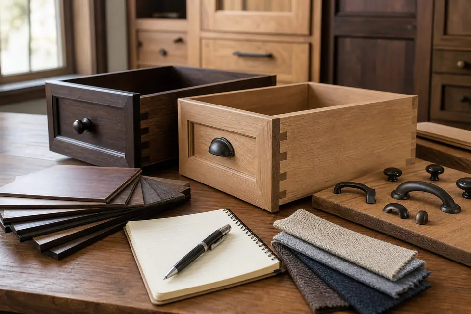 Hardwood furniture comparison setup with drawer joinery, finish samples, hardware, fabric swatches, and notebook