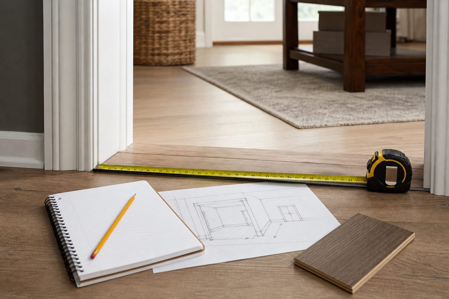 Furniture shopping prep with a tape measure across a doorway, notebook, pencil, room sketch, and wood sample