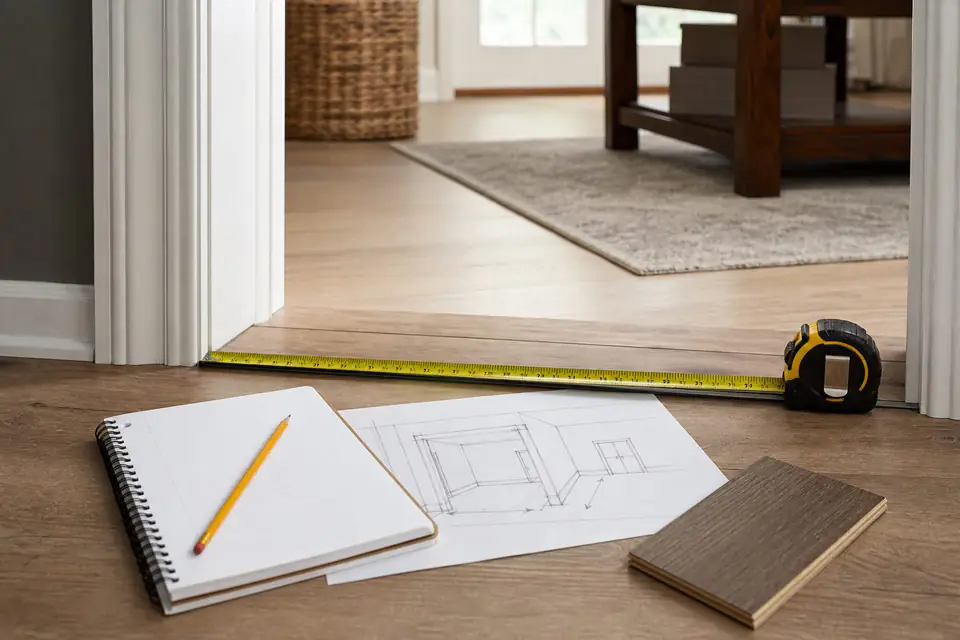 Furniture shopping prep with a tape measure across a doorway, notebook, pencil, room sketch, and wood sample