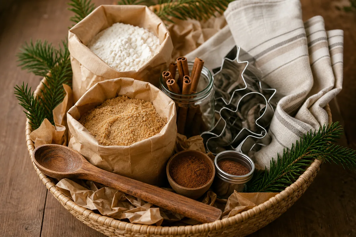 Bulk baking ingredients, spices, cookie cutters, and a folded kitchen towel arranged as a holiday baking gift