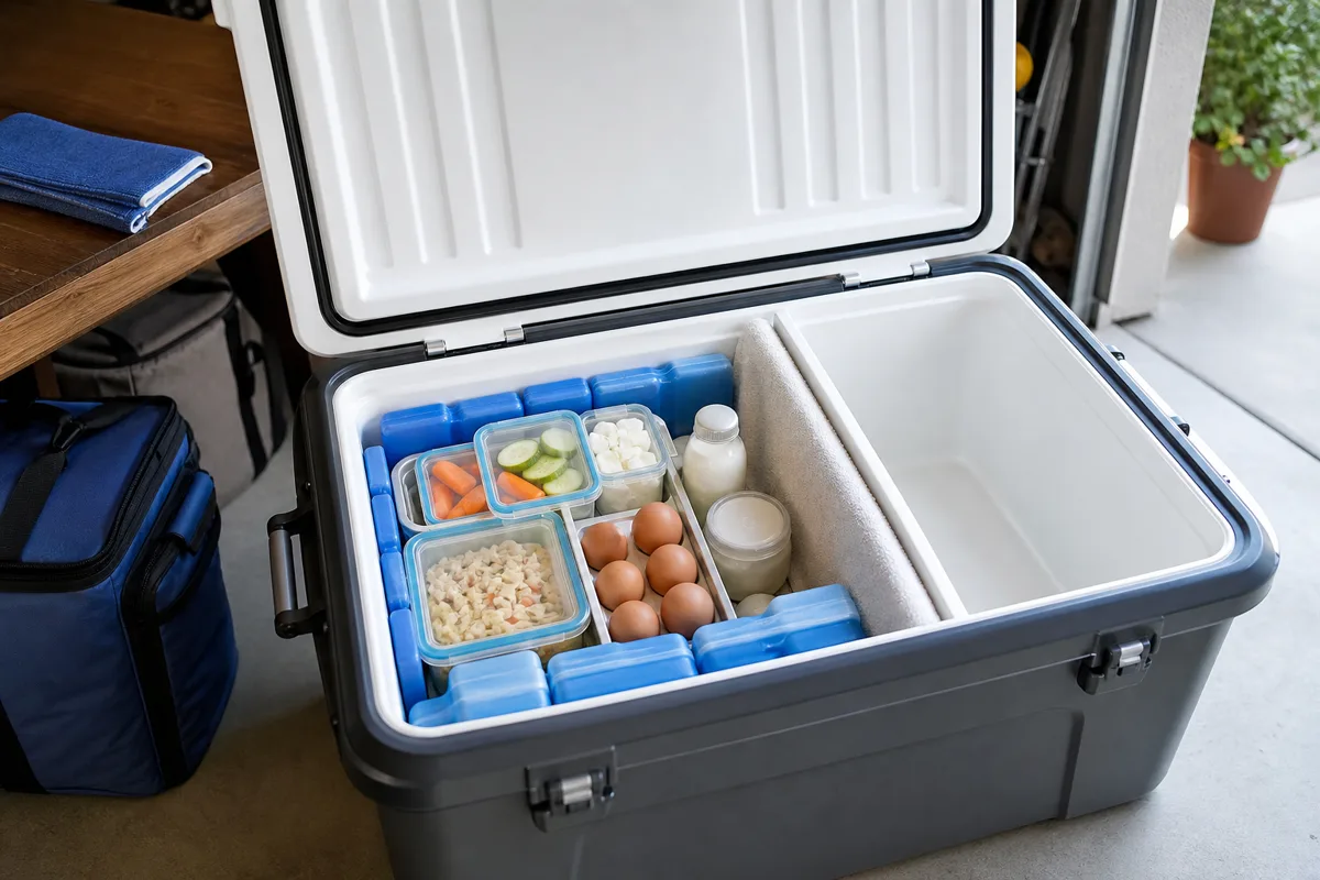 Open insulated cooler divided into labeled zones for frozen foods, refrigerated products, and leak protection during an Amish market shopping trip