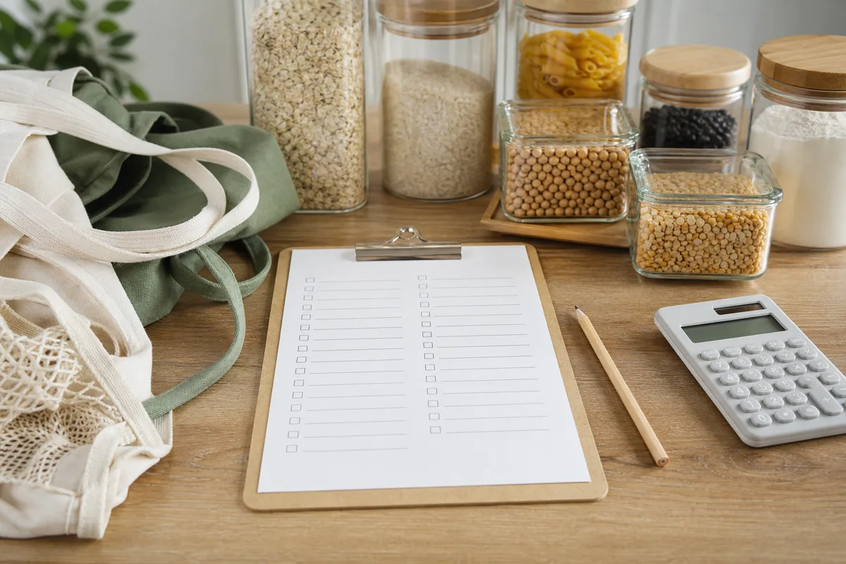 Printed pantry restock checklist beside reusable shopping bags, a pencil, and labeled pantry containers