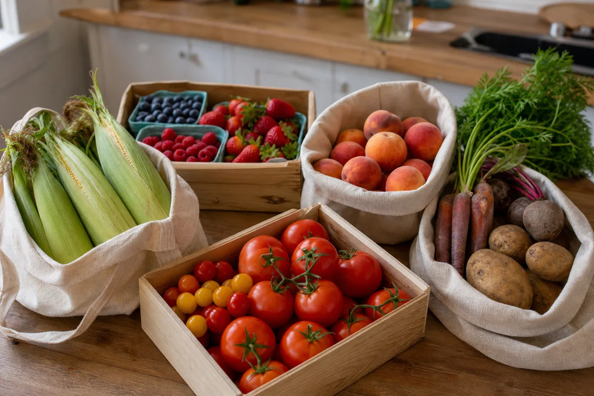 Reusable bags, shallow boxes, and cushioned baskets organizing tomatoes, berries, peaches, corn, and sturdy vegetables for a market road trip
