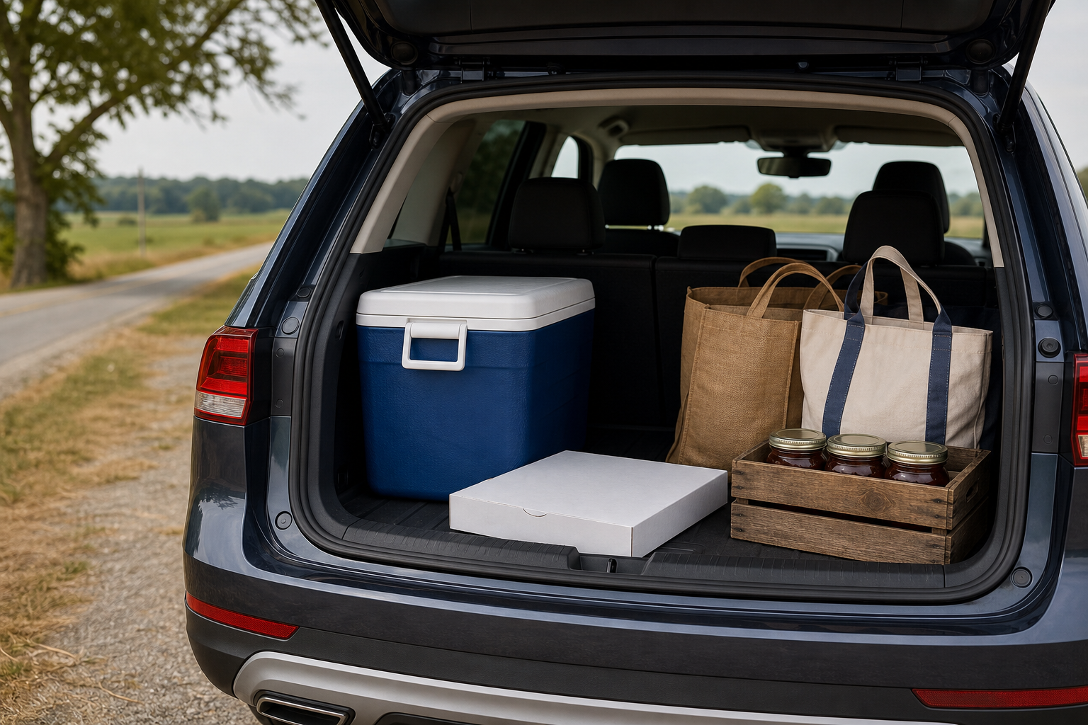 Organized car trunk with cooler, flat bakery box, reusable bags, crate for jars, and space for produce