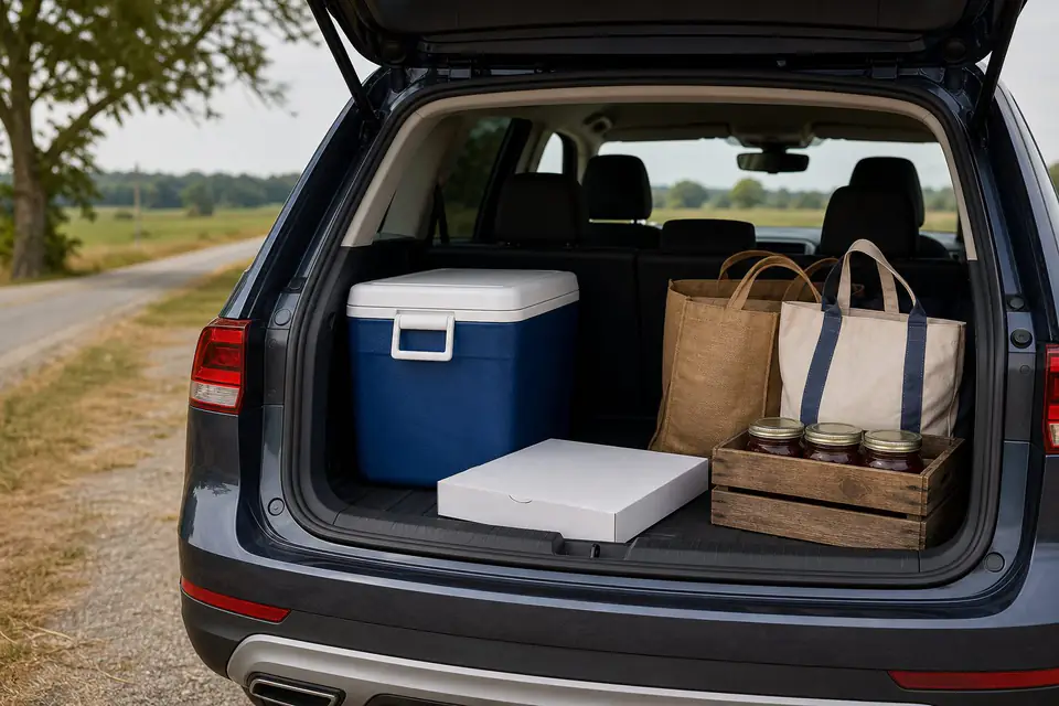 Organized car trunk with cooler, flat bakery box, reusable bags, crate for jars, and space for produce