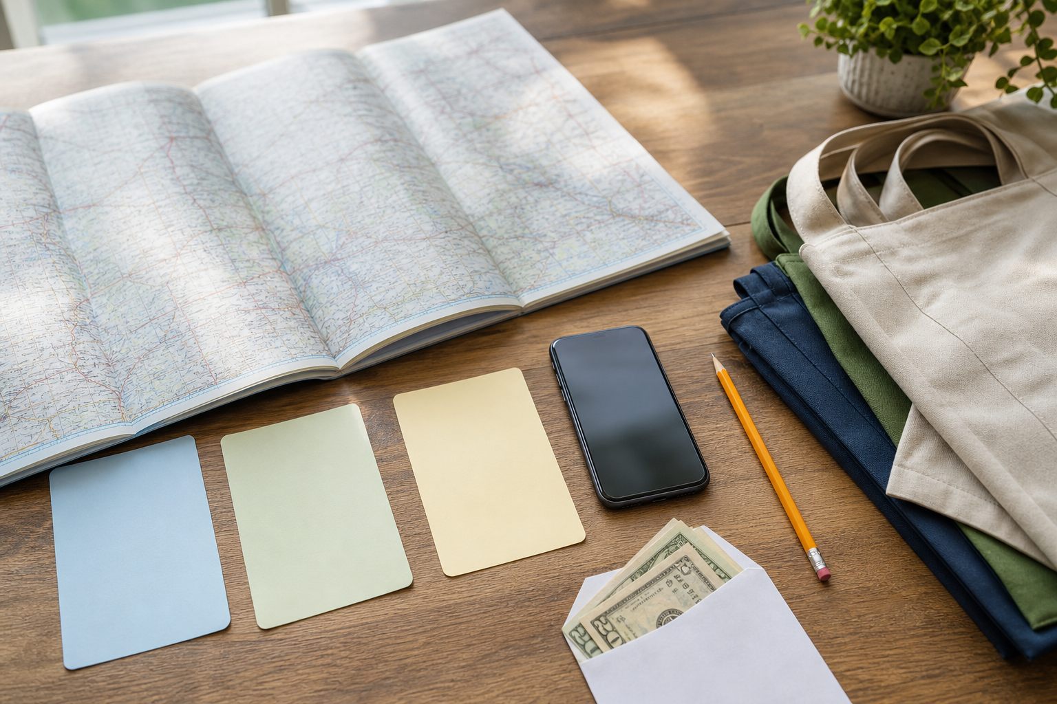 Weekend route planning flat lay with a road atlas, blank route cards, cash envelope, phone, pencil, and reusable bags