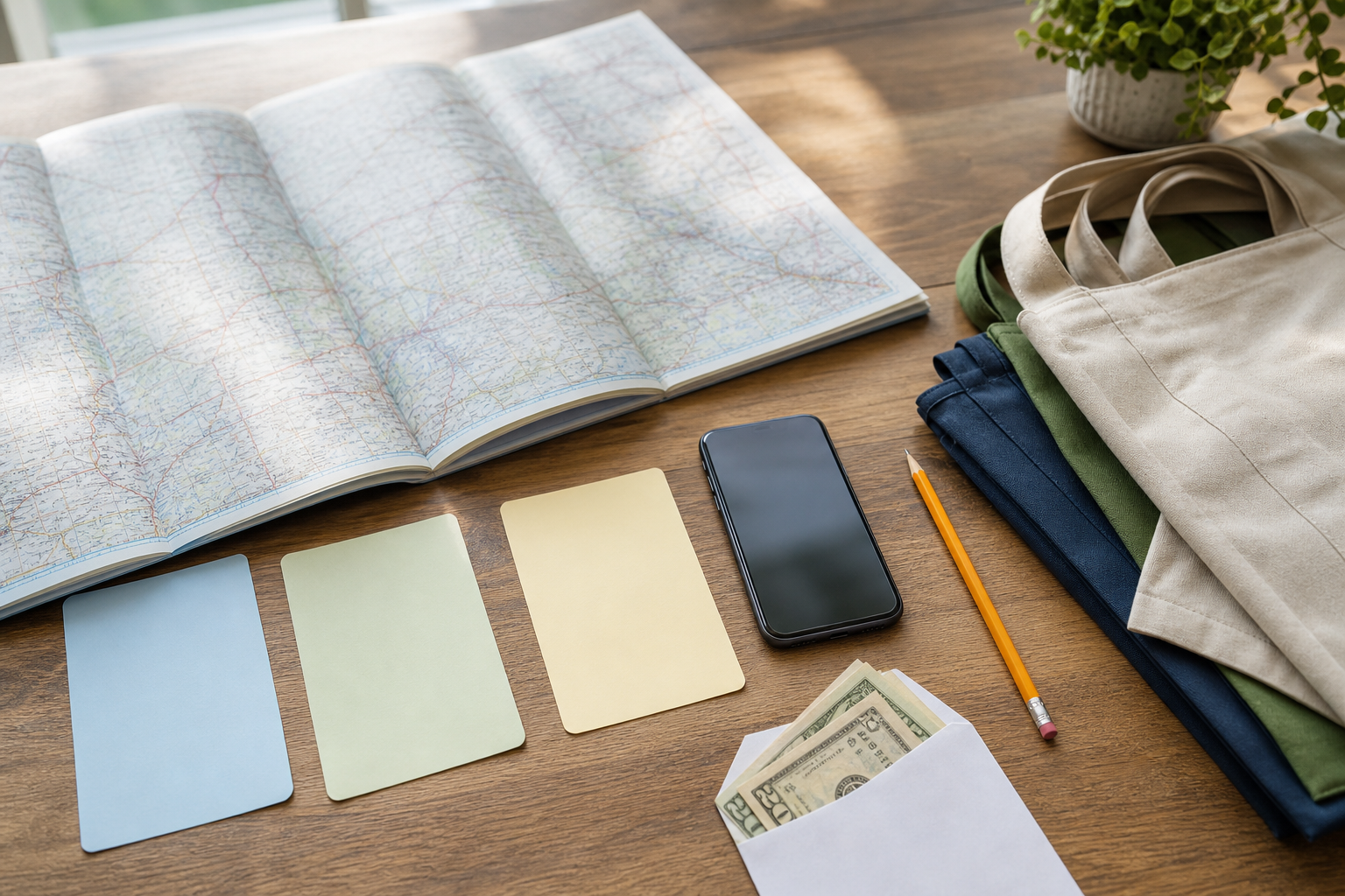 Weekend route planning flat lay with a road atlas, blank route cards, cash envelope, phone, pencil, and reusable bags