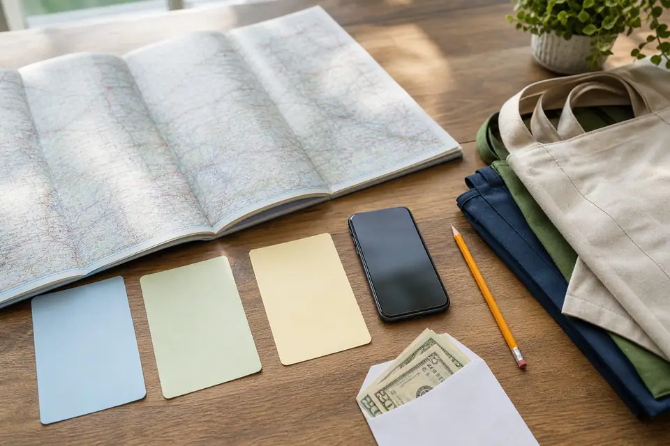 Weekend route planning flat lay with a road atlas, blank route cards, cash envelope, phone, pencil, and reusable bags