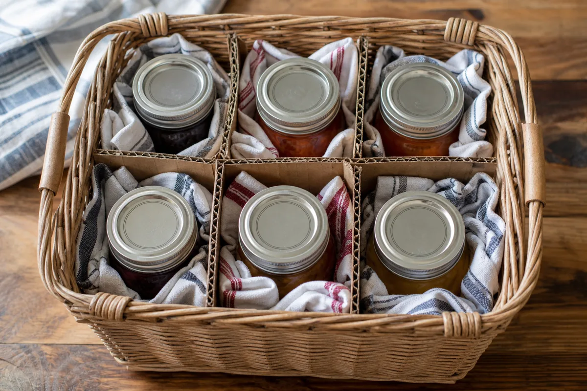 Preserve jars separated with cardboard and cushioned by folded towels inside a sturdy handled gift basket