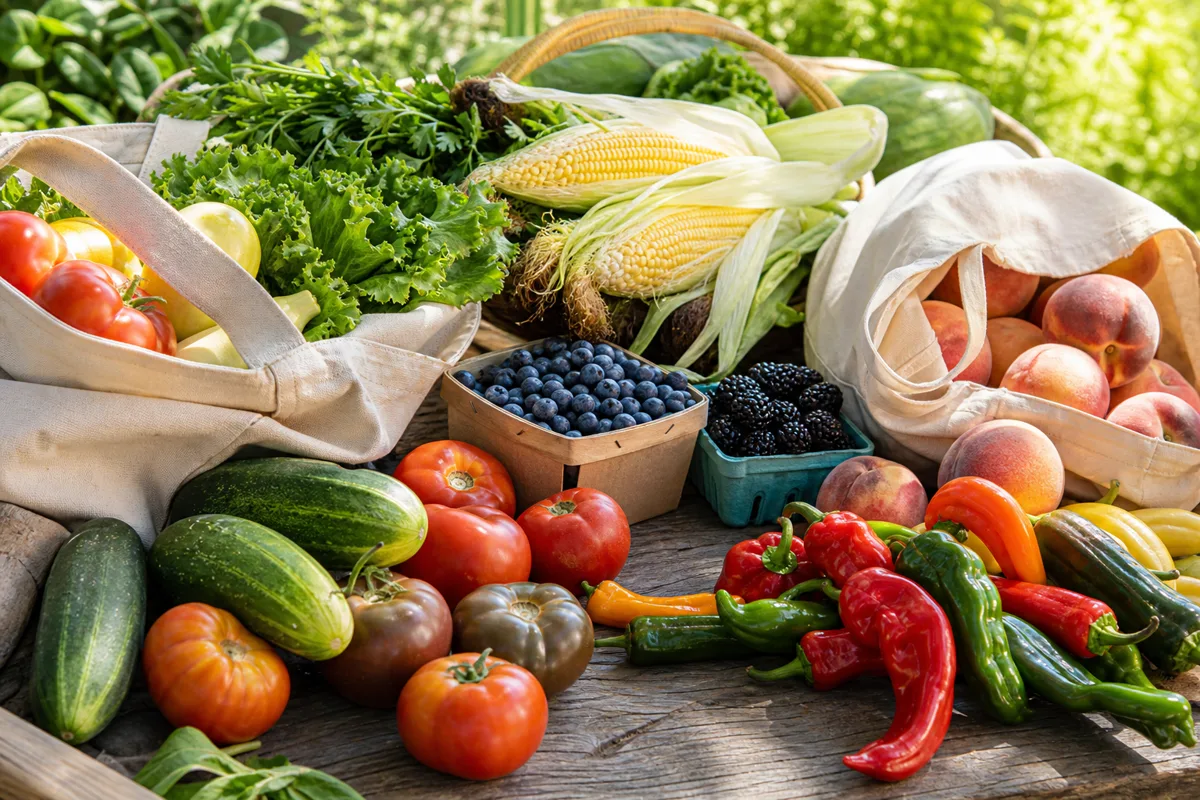 Summer market table with tomatoes, sweet corn, cucumbers, berries, peppers, and reusable shopping bags