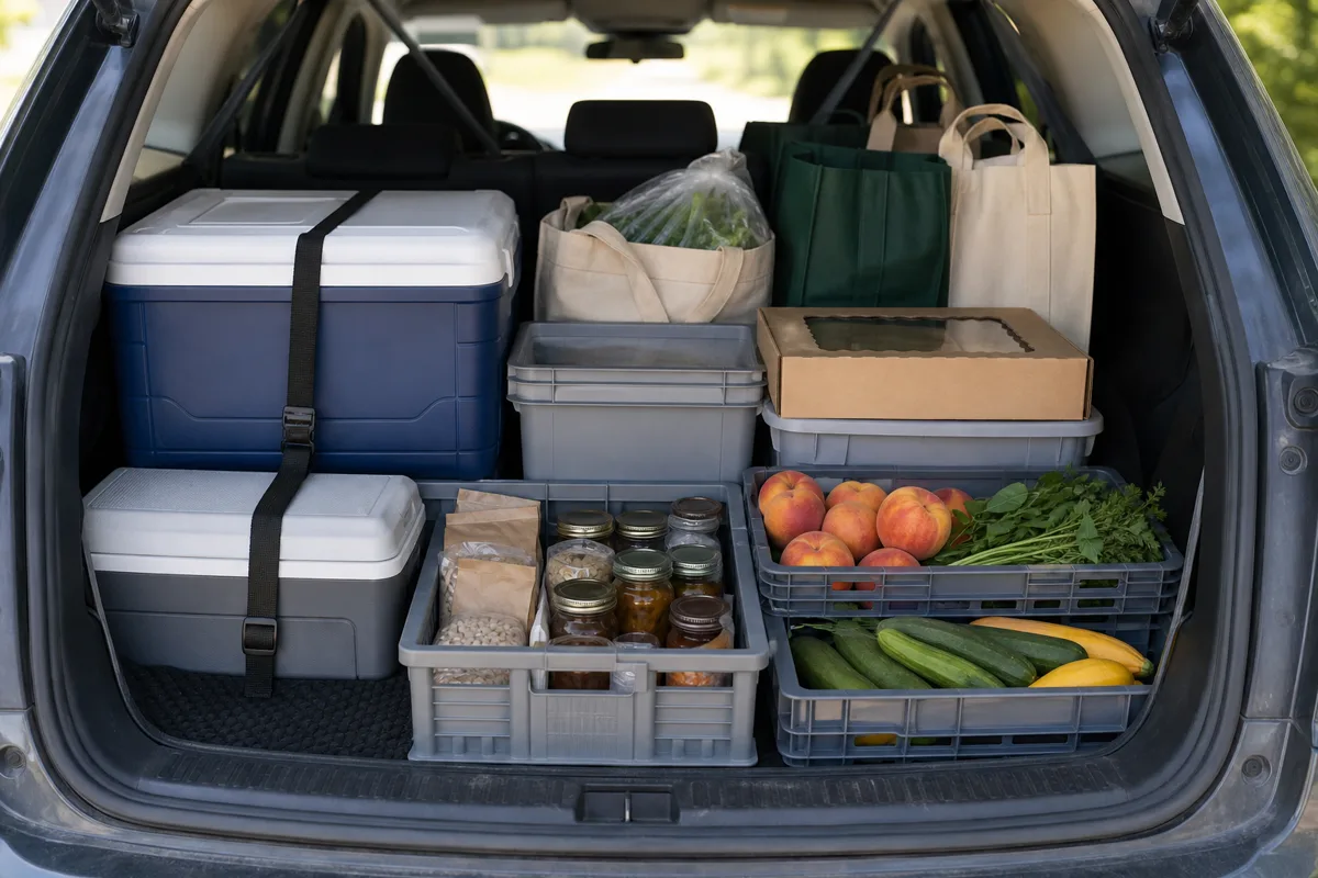 Organized vehicle trunk with secured coolers, dry-goods totes, a protected pie box, and shallow produce crates for a multi-stop Amish country route