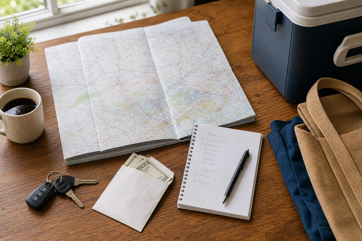 Road atlas cash envelope cooler and reusable bags for planning an Amish store route