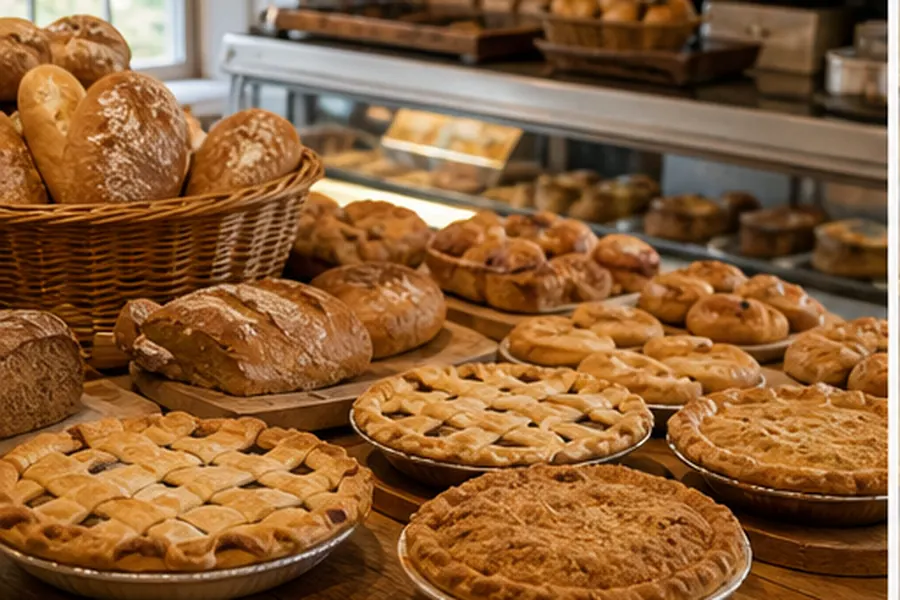 Bakery counter with bread and pies for the Amish bakery category
