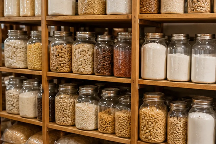 Bulk food store shelves with jars and pantry staples
