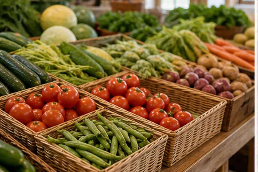 Farm market table with fresh produce and baskets