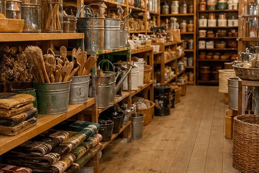 General country store aisle with household goods and pantry items