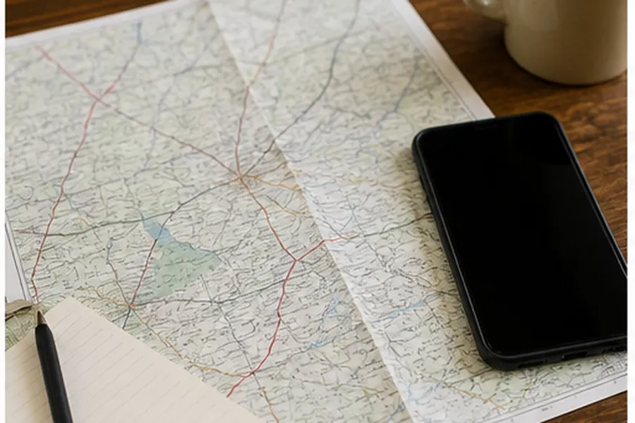 Paper map and phone on a wooden table for call-ahead trip planning