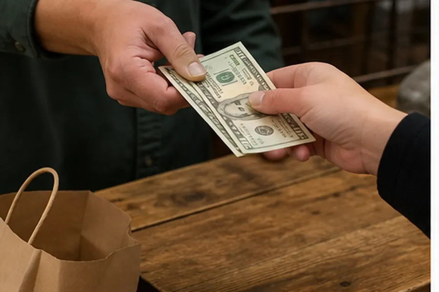 Cash payment detail at a country store counter with no identifiable faces