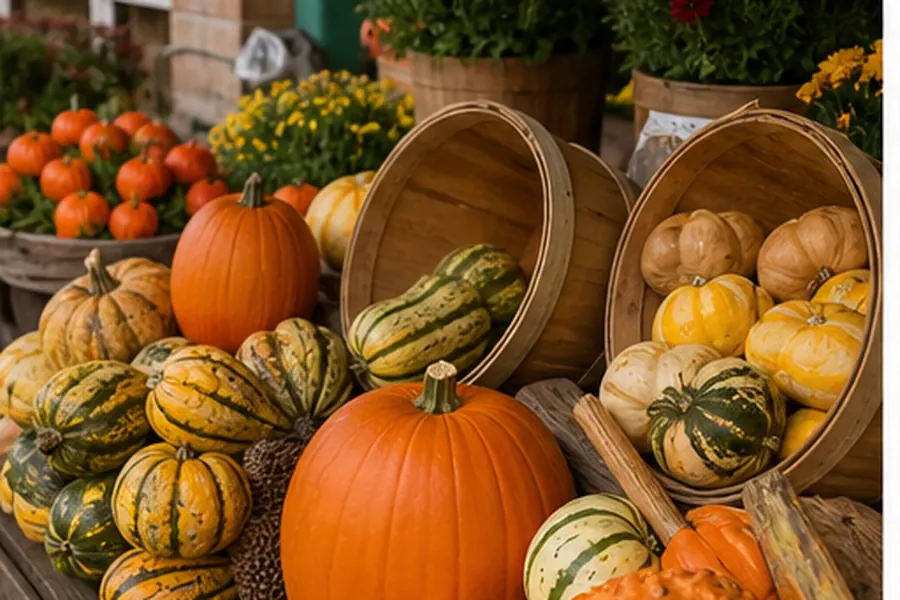 Fall farm market produce display for seasonal Amish shopping