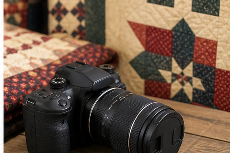 Camera resting beside a quilt display for photography etiquette guidance