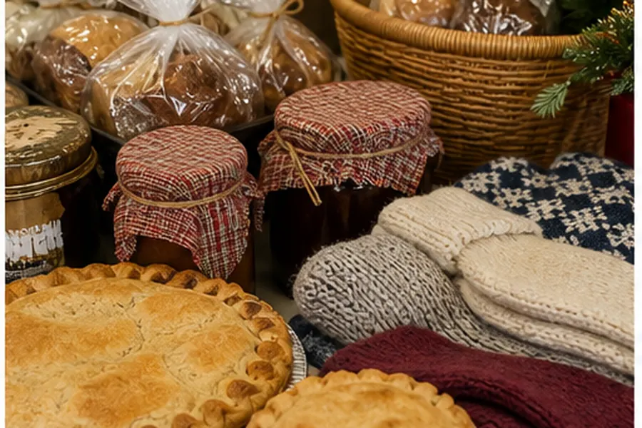 Winter baked goods and handmade gifts display for holiday shopping