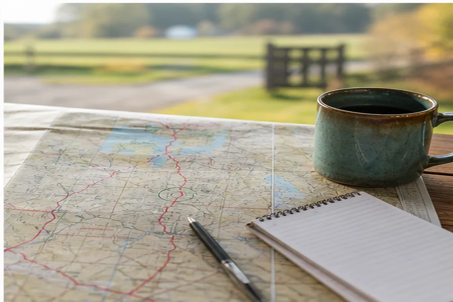 Weekend route planning table with map and shopping list