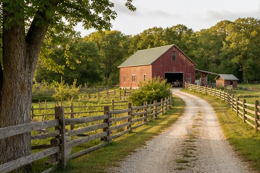 Quiet country road leading toward a farm market