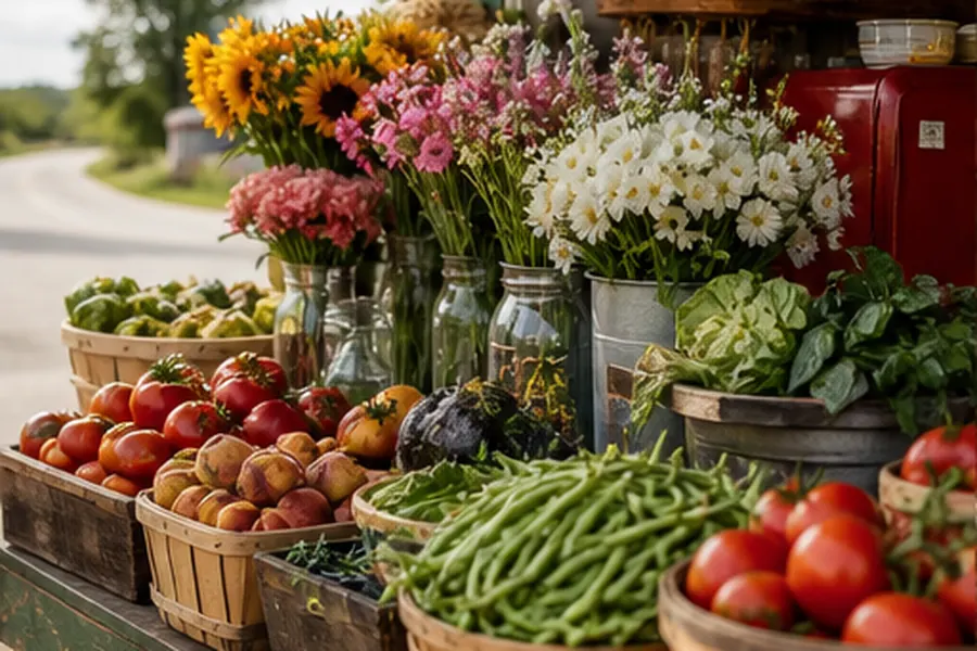 Roadside produce stand with flowers and baskets